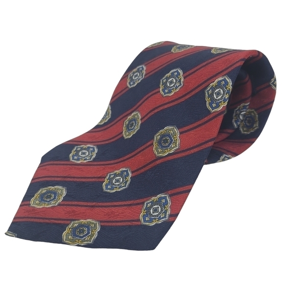 Oscar de la Renta | Men's Navy and Red Mixed Patterned Silk Tie (One Size) - Picture 2 of 10